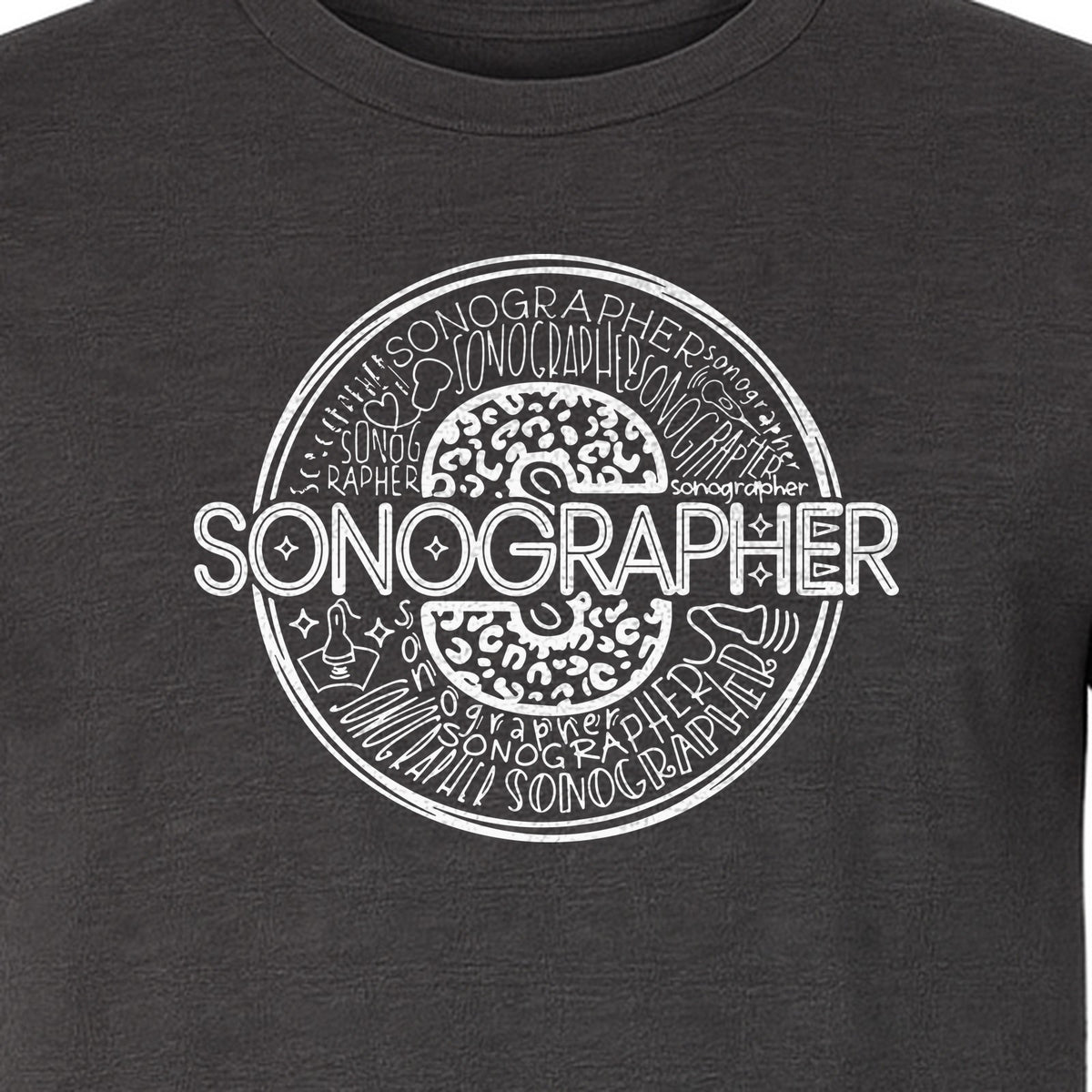 Sonographer T-Shirt, Circular Medical Word Art Design for Ultrasound Techs and Healthcare Staff