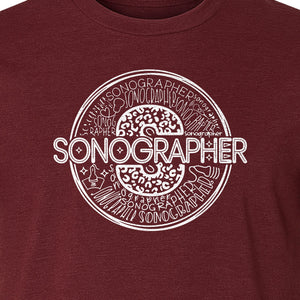 Sonographer T-Shirt, Circular Medical Word Art Design for Ultrasound Techs and Healthcare Staff