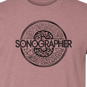 Sonographer T-Shirt, Circular Medical Word Art Design for Ultrasound Techs and Healthcare Staff