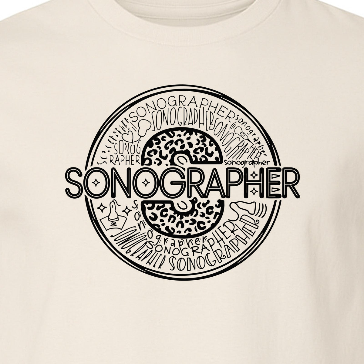 Sonographer T-Shirt, Circular Medical Word Art Design for Ultrasound Techs and Healthcare Staff