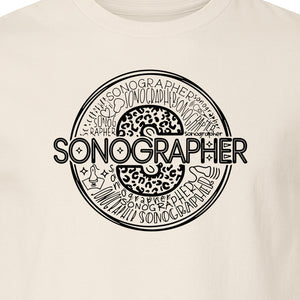 Sonographer T-Shirt, Circular Medical Word Art Design for Ultrasound Techs and Healthcare Staff