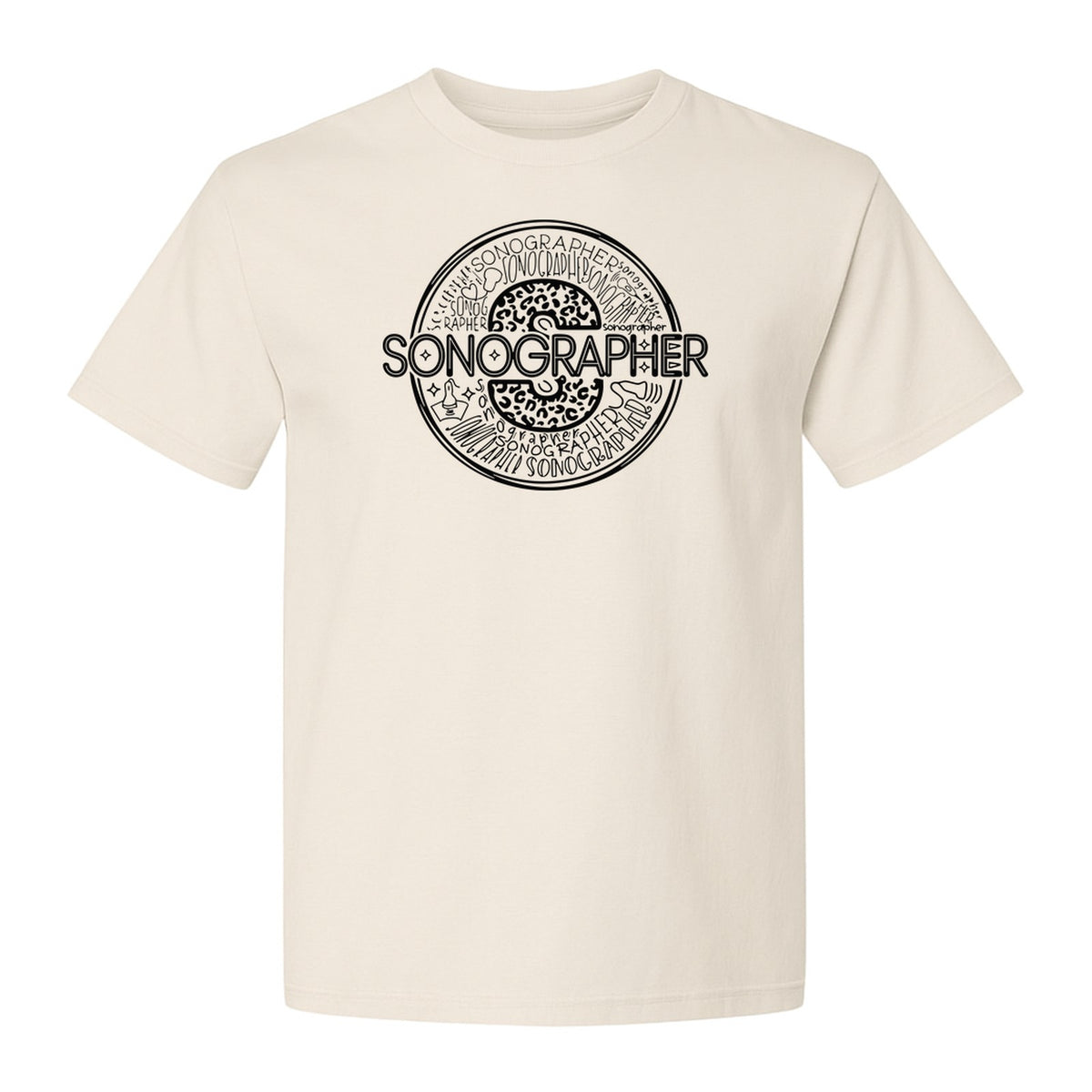 Sonographer T-Shirt, Circular Medical Word Art Design for Ultrasound Techs and Healthcare Staff