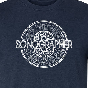 Sonographer T-Shirt, Circular Medical Word Art Design for Ultrasound Techs and Healthcare Staff