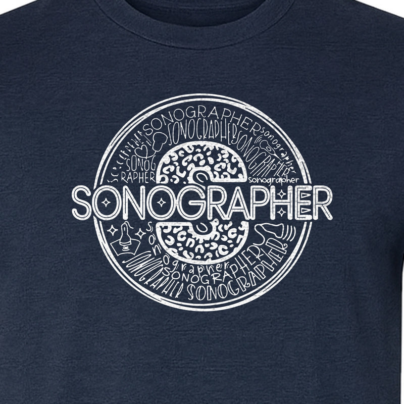 Sonographer T-Shirt, Circular Medical Word Art Design for Ultrasound Techs and Healthcare Staff