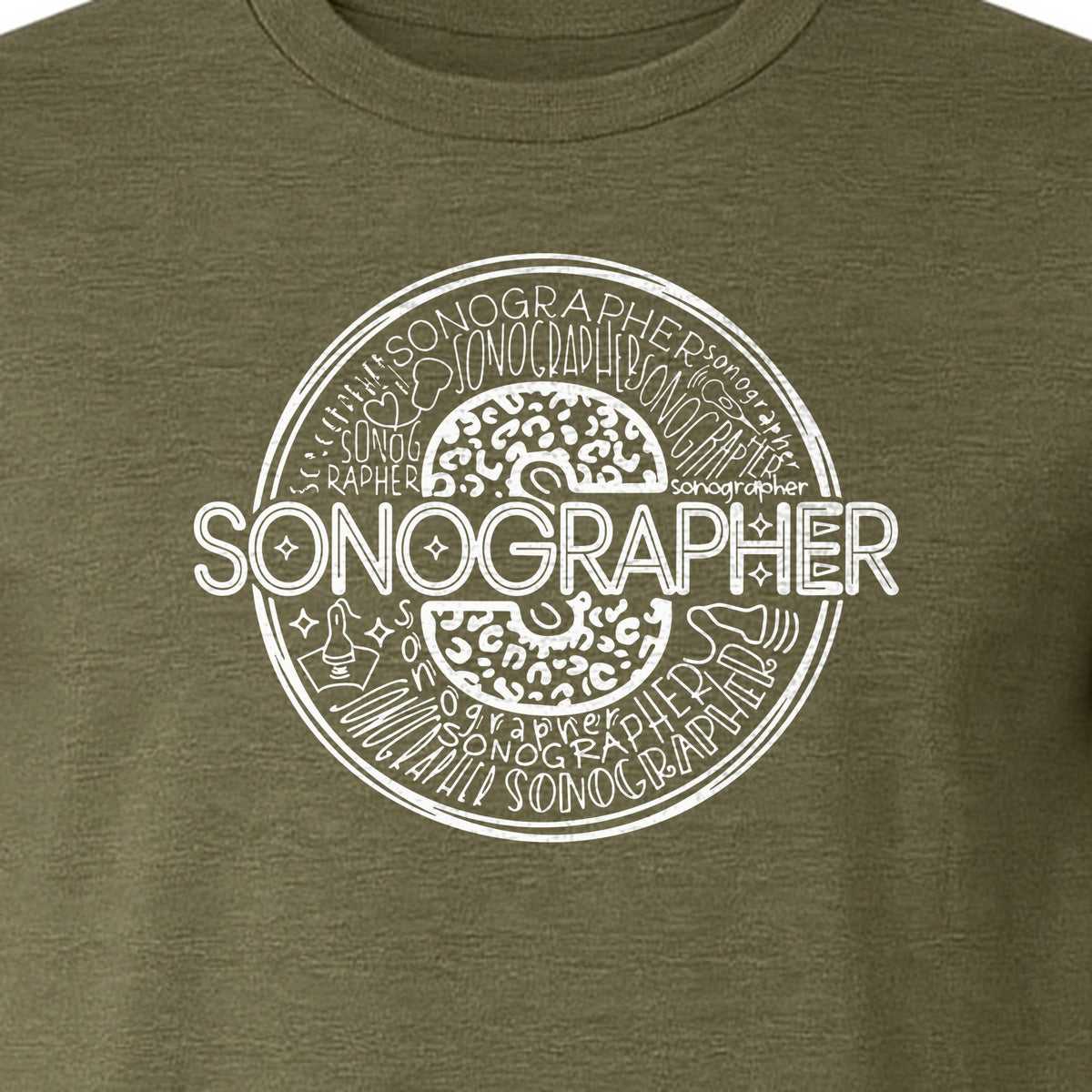 Sonographer T-Shirt, Circular Medical Word Art Design for Ultrasound Techs and Healthcare Staff