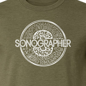 Sonographer T-Shirt, Circular Medical Word Art Design for Ultrasound Techs and Healthcare Staff