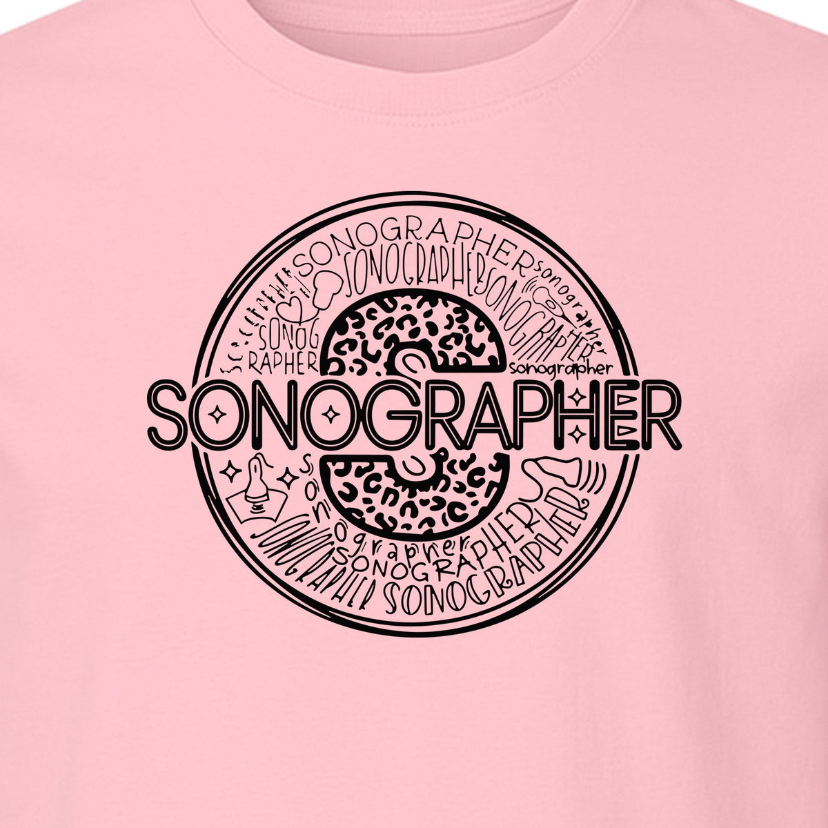 Sonographer T-Shirt, Circular Medical Word Art Design for Ultrasound Techs and Healthcare Staff