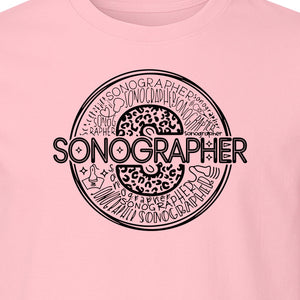 Sonographer T-Shirt, Circular Medical Word Art Design for Ultrasound Techs and Healthcare Staff