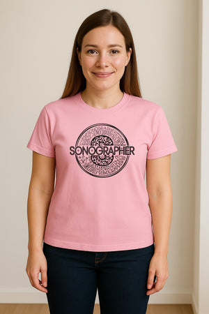 Sonographer T-Shirt, Circular Medical Word Art Design for Ultrasound Techs and Healthcare Staff