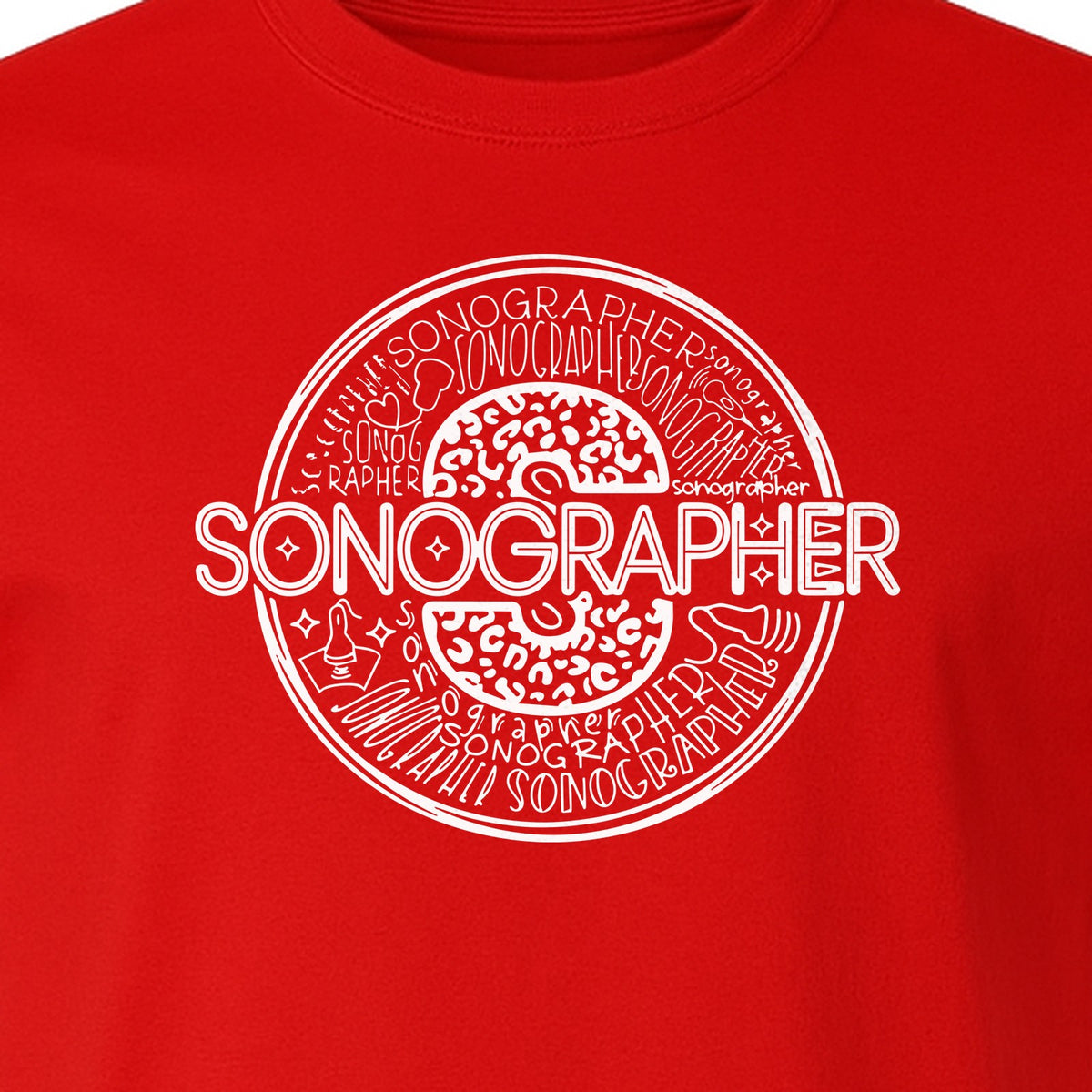Sonographer T-Shirt, Circular Medical Word Art Design for Ultrasound Techs and Healthcare Staff
