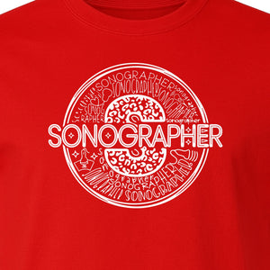 Sonographer T-Shirt, Circular Medical Word Art Design for Ultrasound Techs and Healthcare Staff