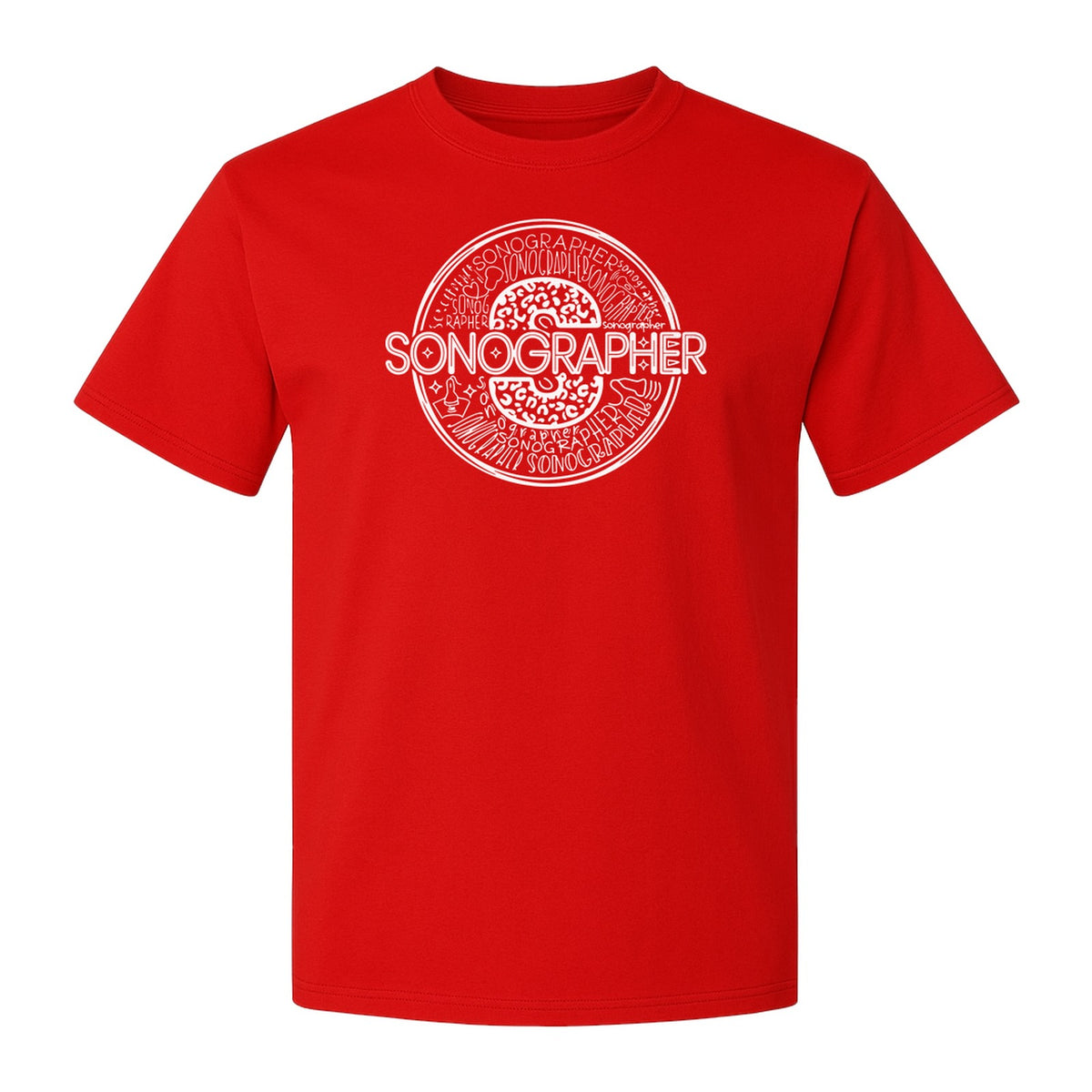 Sonographer T-Shirt, Circular Medical Word Art Design for Ultrasound Techs and Healthcare Staff