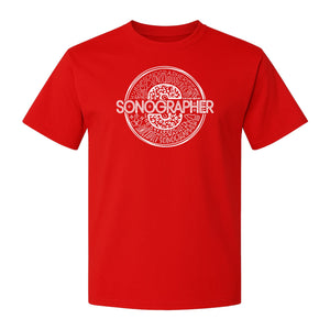 Sonographer T-Shirt, Circular Medical Word Art Design for Ultrasound Techs and Healthcare Staff
