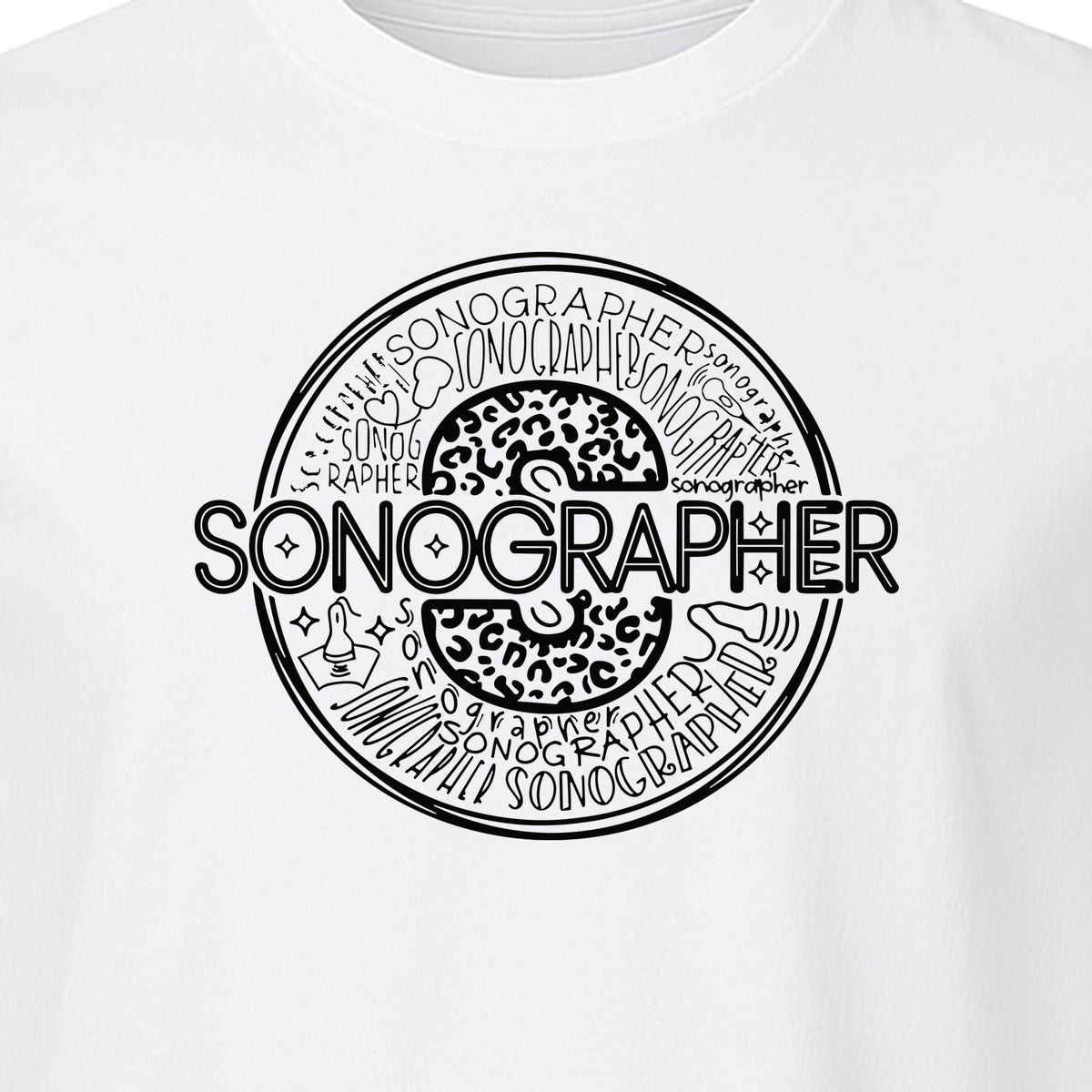 Sonographer T-Shirt, Circular Medical Word Art Design for Ultrasound Techs and Healthcare Staff