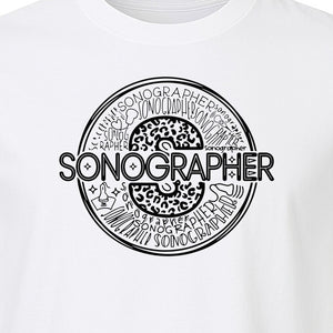 Sonographer T-Shirt, Circular Medical Word Art Design for Ultrasound Techs and Healthcare Staff
