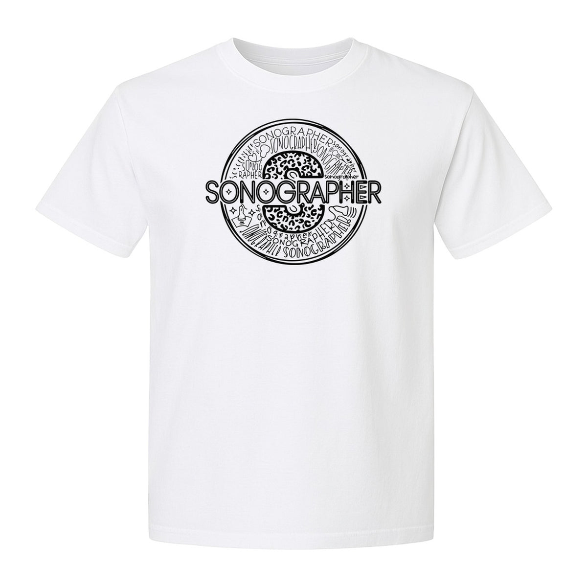 Sonographer T-Shirt, Circular Medical Word Art Design for Ultrasound Techs and Healthcare Staff