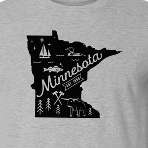 Minnesota State Map T-Shirt, Illustrated Lake Life Travel Souvenir for Hometown Gifts
