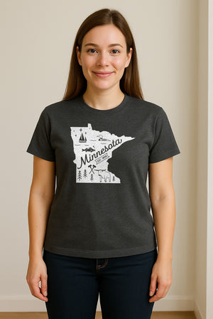 Minnesota State Map T-Shirt, Illustrated Lake Life Travel Souvenir for Hometown Gifts