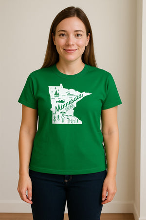 Minnesota State Map T-Shirt, Illustrated Lake Life Travel Souvenir for Hometown Gifts