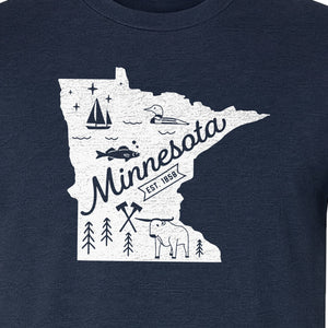 Minnesota State Map T-Shirt, Illustrated Lake Life Travel Souvenir for Hometown Gifts