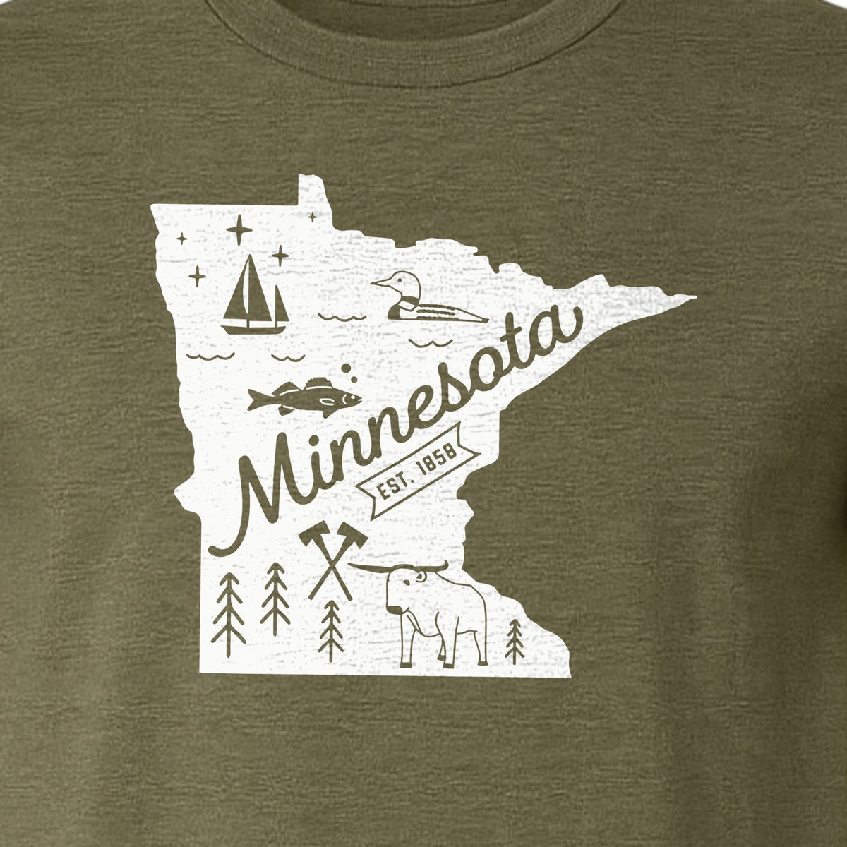 Minnesota State Map T-Shirt, Illustrated Lake Life Travel Souvenir for Hometown Gifts
