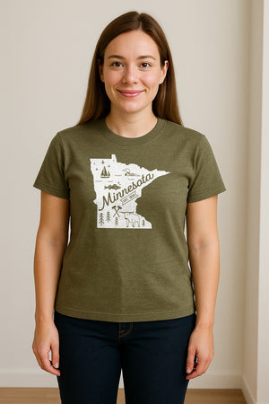 Minnesota State Map T-Shirt, Illustrated Lake Life Travel Souvenir for Hometown Gifts