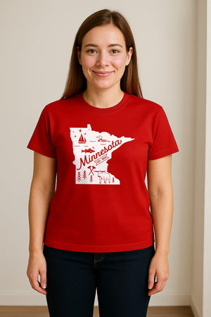 Minnesota State Map T-Shirt, Illustrated Lake Life Travel Souvenir for Hometown Gifts