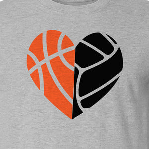 Basketball Volleyball T-Shirt, Split Heart Game Day Design for Sports Fans, Players and Coaches