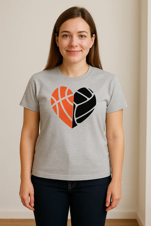 Basketball Volleyball T-Shirt, Split Heart Game Day Design for Sports Fans, Players and Coaches