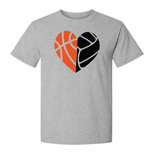 Basketball Volleyball T-Shirt, Split Heart Game Day Design for Sports Fans, Players and Coaches