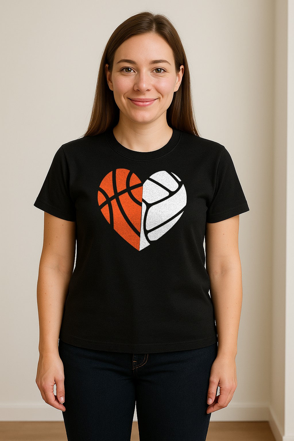 Basketball Volleyball T-Shirt, Split Heart Game Day Design for Sports Fans, Players and Coaches