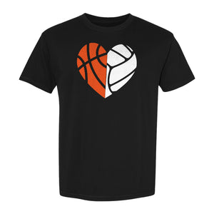 Basketball Volleyball T-Shirt, Split Heart Game Day Design for Sports Fans, Players and Coaches