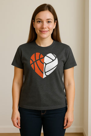 Basketball Volleyball T-Shirt, Split Heart Game Day Design for Sports Fans, Players and Coaches