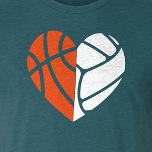 Basketball Volleyball T-Shirt, Split Heart Game Day Design for Sports Fans, Players and Coaches