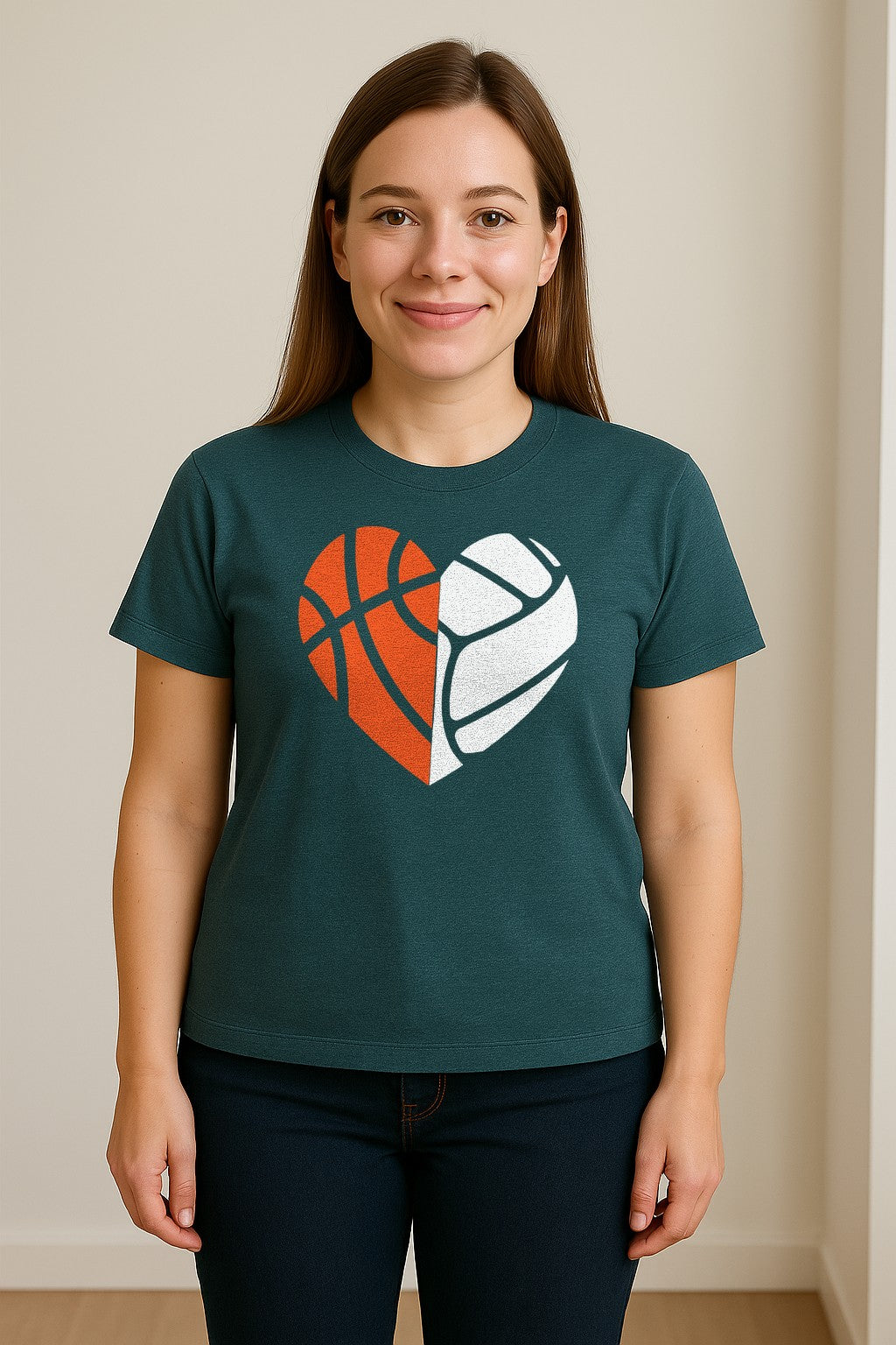 Basketball Volleyball T-Shirt, Split Heart Game Day Design for Sports Fans, Players and Coaches