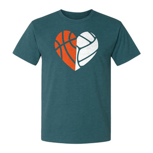 Basketball Volleyball T-Shirt, Split Heart Game Day Design for Sports Fans, Players and Coaches