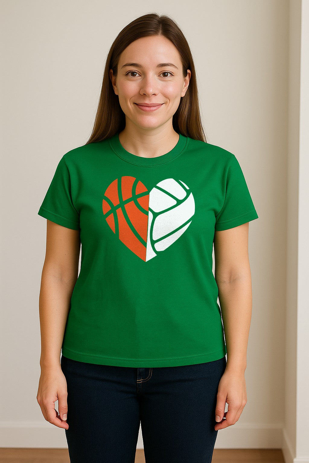 Basketball Volleyball T-Shirt, Split Heart Game Day Design for Sports Fans, Players and Coaches
