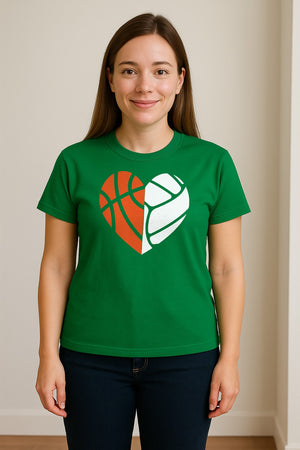 Basketball Volleyball T-Shirt, Split Heart Game Day Design for Sports Fans, Players and Coaches