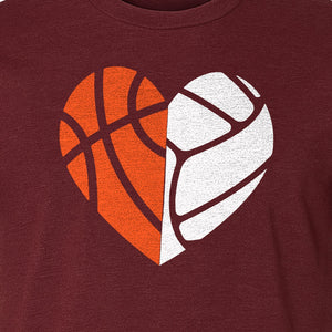 Basketball Volleyball T-Shirt, Split Heart Game Day Design for Sports Fans, Players and Coaches