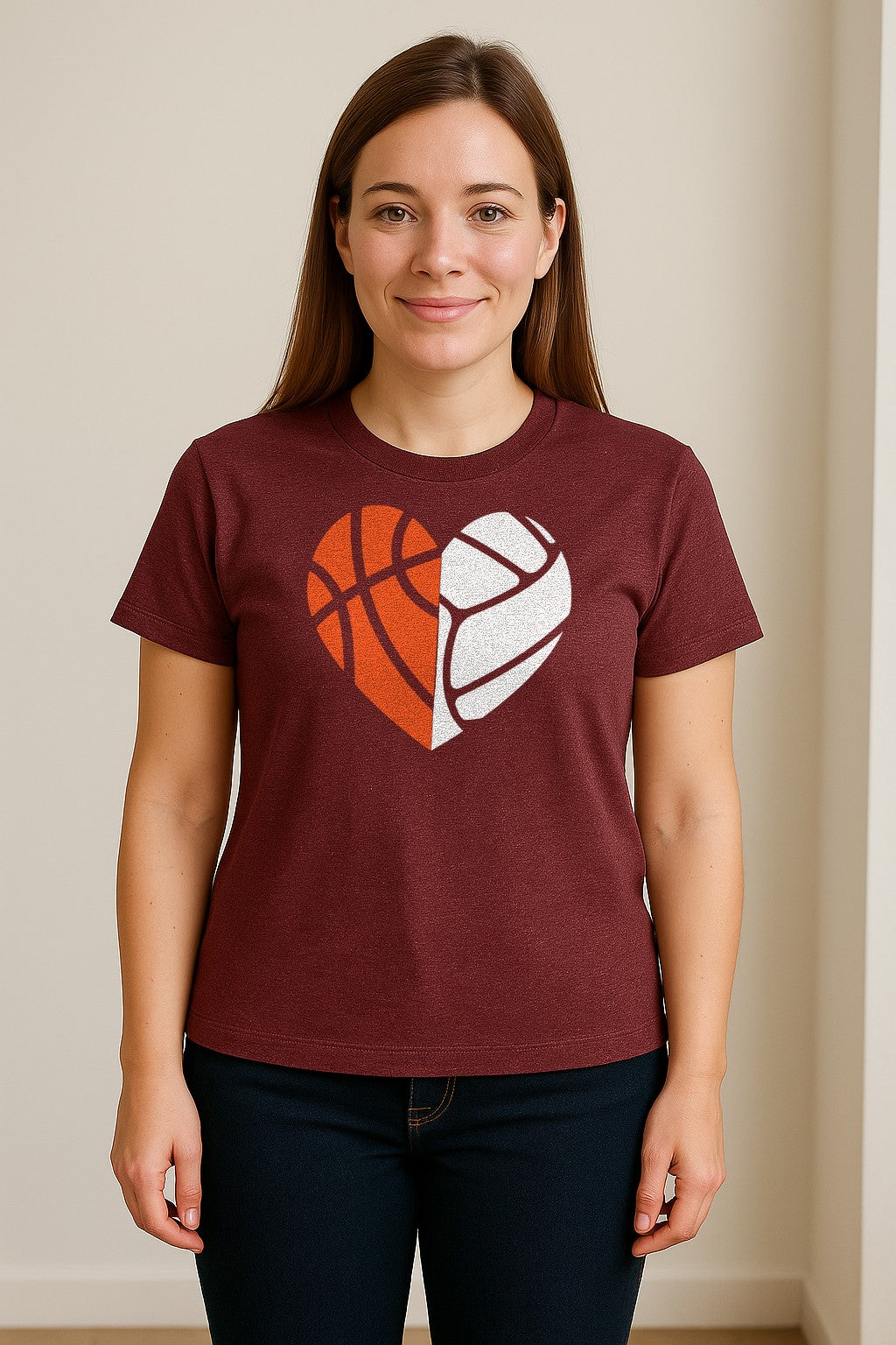 Basketball Volleyball T-Shirt, Split Heart Game Day Design for Sports Fans, Players and Coaches