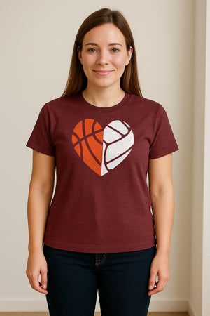 Basketball Volleyball T-Shirt, Split Heart Game Day Design for Sports Fans, Players and Coaches