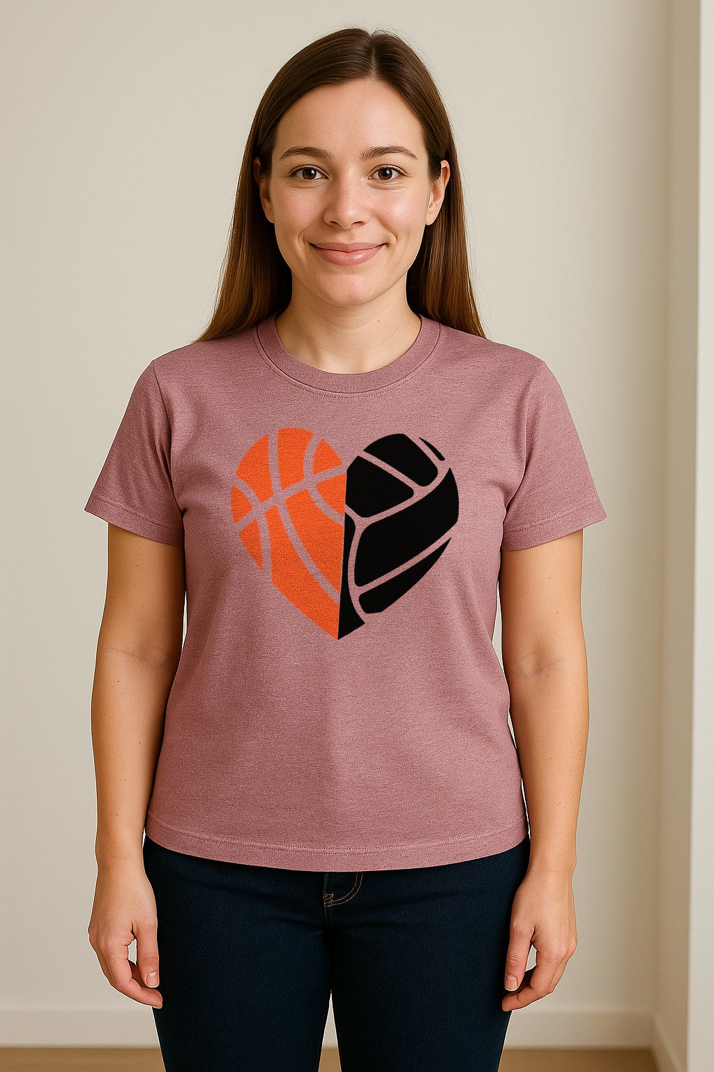 Basketball Volleyball T-Shirt, Split Heart Game Day Design for Sports Fans, Players and Coaches