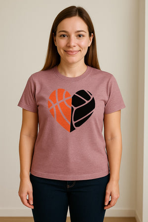 Basketball Volleyball T-Shirt, Split Heart Game Day Design for Sports Fans, Players and Coaches