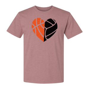 Basketball Volleyball T-Shirt, Split Heart Game Day Design for Sports Fans, Players and Coaches
