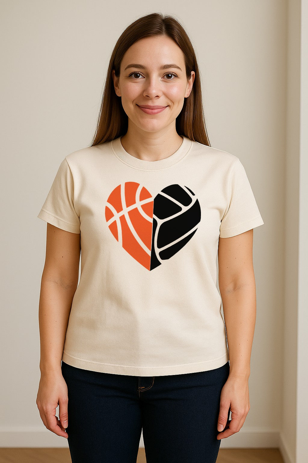 Basketball Volleyball T-Shirt, Split Heart Game Day Design for Sports Fans, Players and Coaches