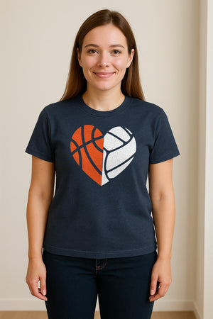 Basketball Volleyball T-Shirt, Split Heart Game Day Design for Sports Fans, Players and Coaches