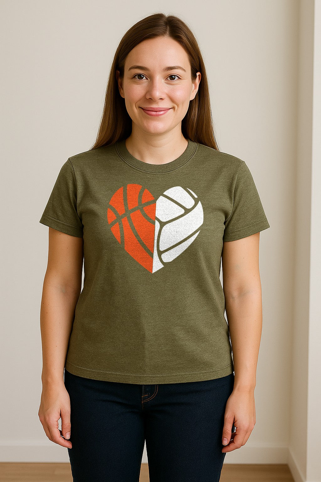 Basketball Volleyball T-Shirt, Split Heart Game Day Design for Sports Fans, Players and Coaches