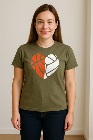 Basketball Volleyball T-Shirt, Split Heart Game Day Design for Sports Fans, Players and Coaches