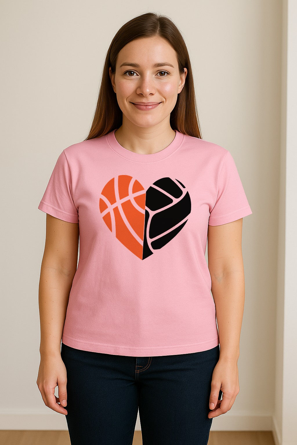 Basketball Volleyball T-Shirt, Split Heart Game Day Design for Sports Fans, Players and Coaches