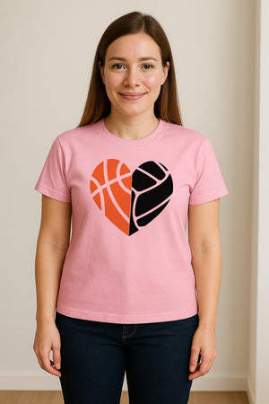Basketball Volleyball T-Shirt, Split Heart Game Day Design for Sports Fans, Players and Coaches